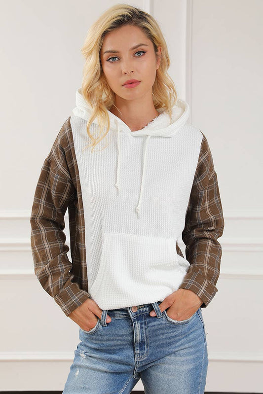 CONTRASTING HOODIE CASUAL PLAID PATCHWORK JUMPER