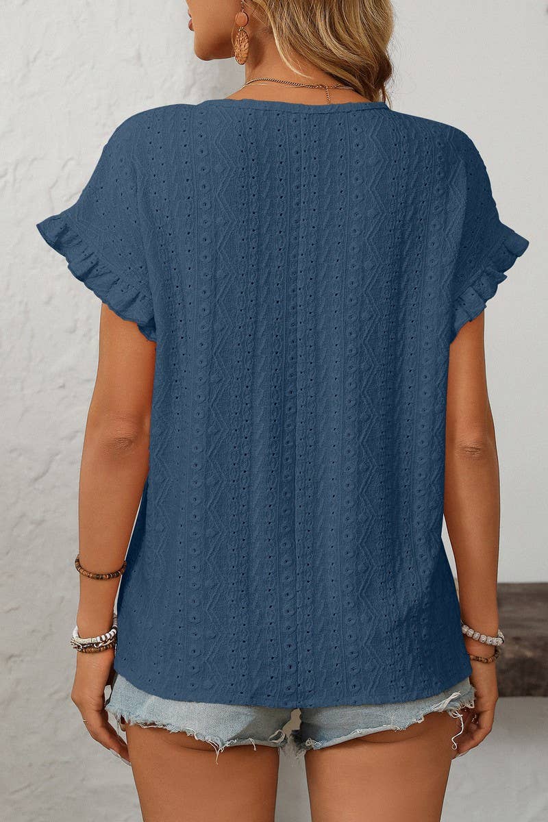 CWTBLS1710_SOLID COLOR ROUND NECK SHORT SLEEVE HOLLOW TOP