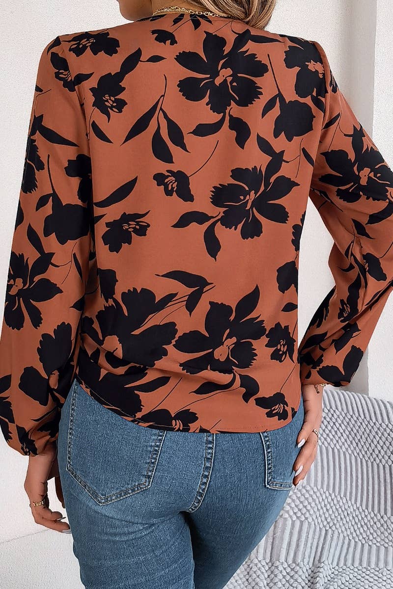 CWTDSL0117_V-NECK FLORAL LONG-SLEEVED LACE-UP TOP