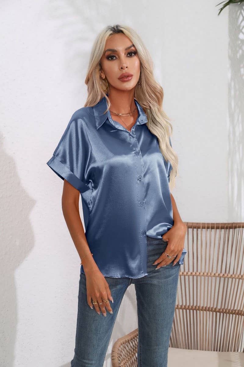 CWTBLS0406_Button Down Silky Satin Short Sleeve Top