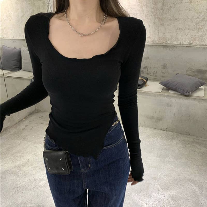 Black ear-trimmed tight-knit T-shirt