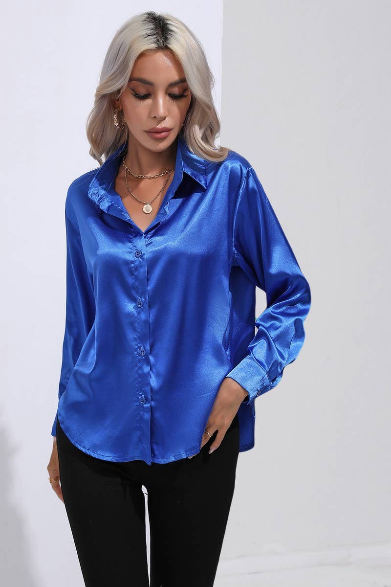 CWTBLL0690_Button Down Silky Satin Long Sleeve Top