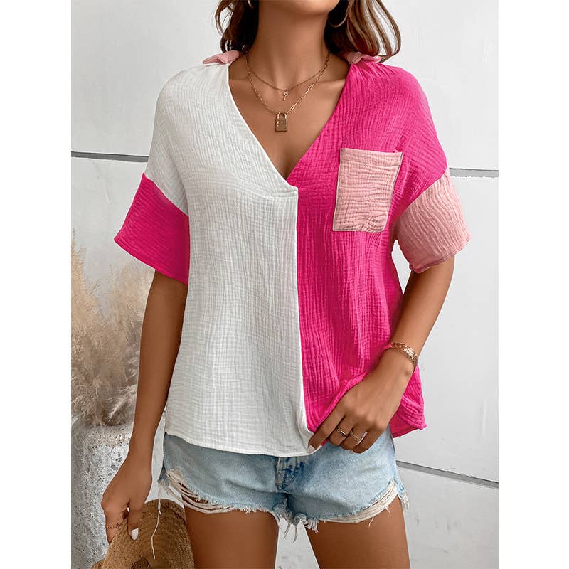 Color contrast patchwork short sleeve Vneck shirt