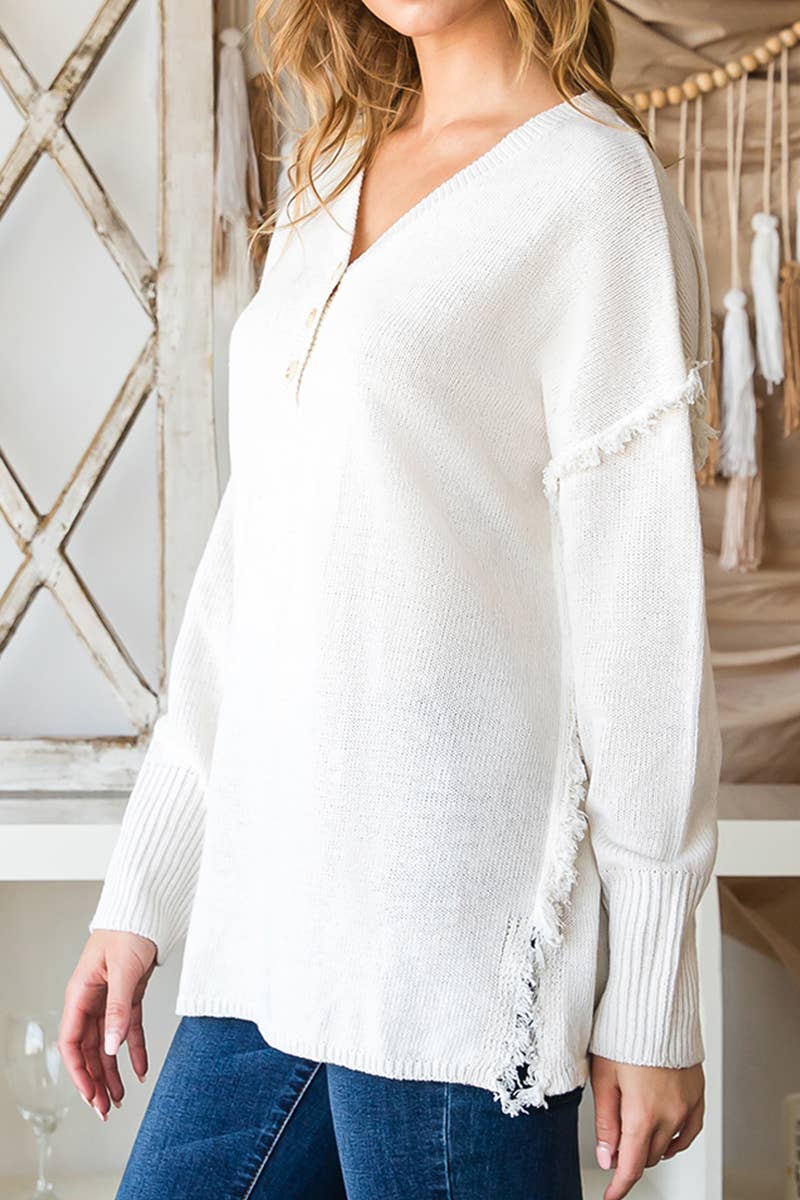 CWOSWL646-P_BUTTON DOWN FRINGE SHOULDER SWEATER KNIT TOP