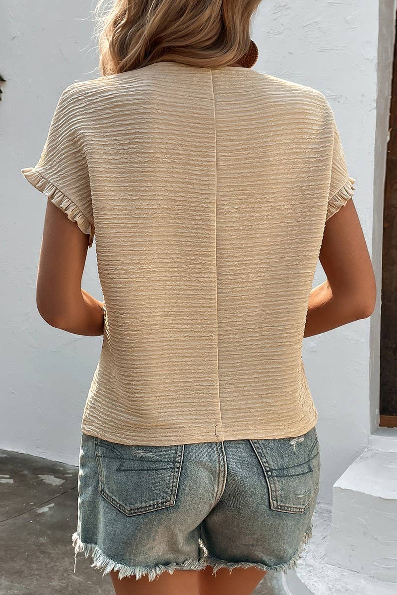 CWTBLS2327_SOLID RUCHED CREW NECK CASUAL TEE