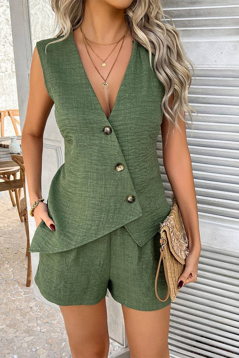 CWSS1191_HOLIDAY STYLE BUTTON CARDIGAN SHORTS SET