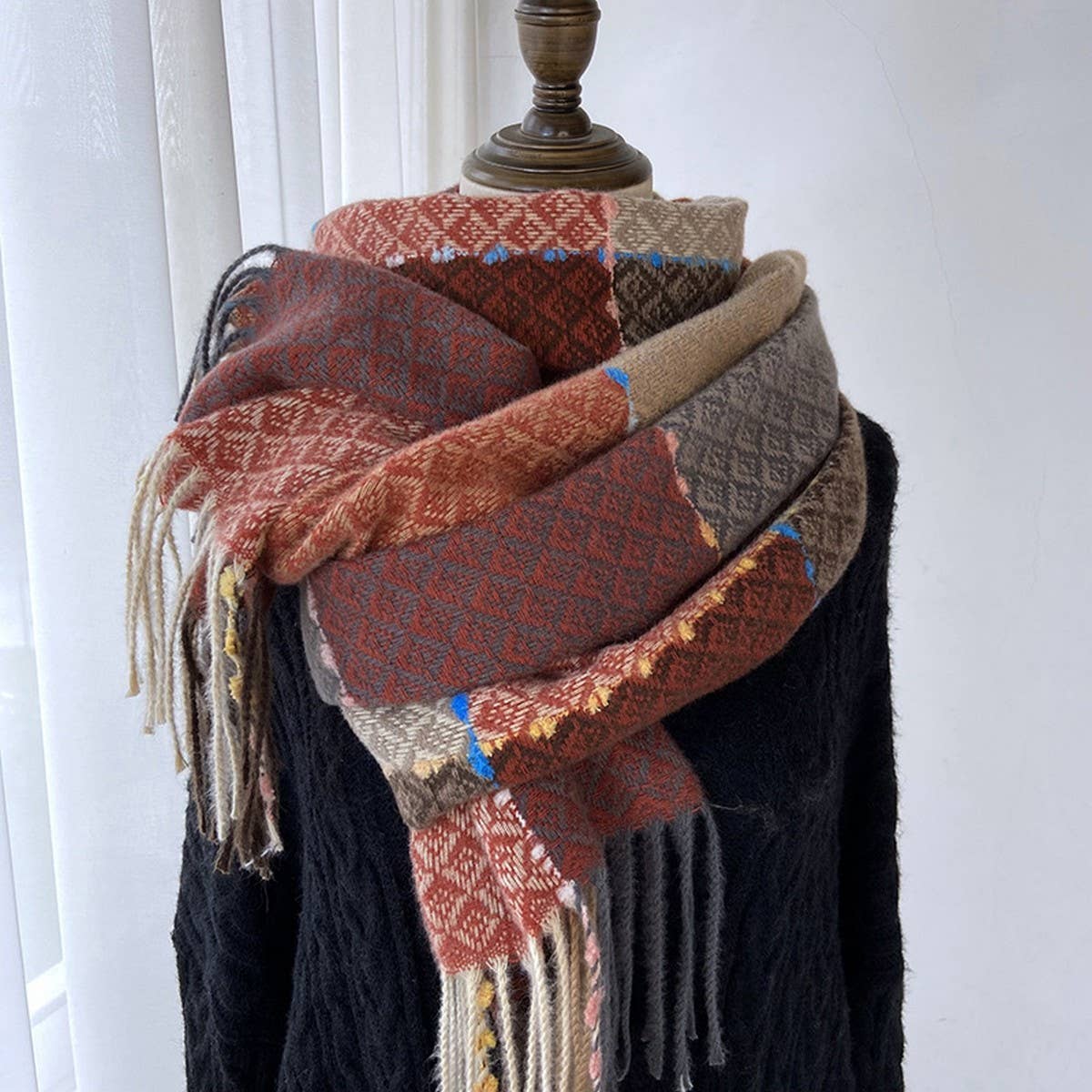 Plaid Faux Cashmere Scarf - Winter Tassel Wrap_CWASC1466