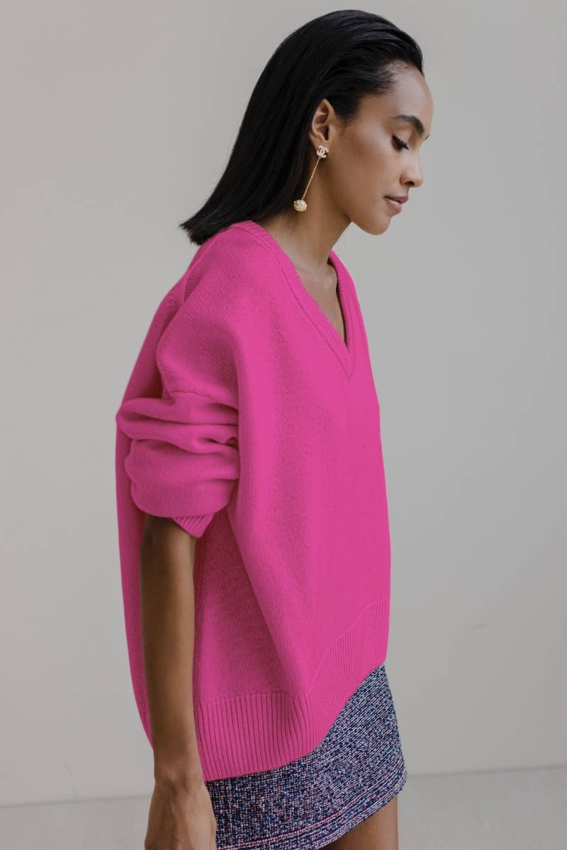 CWOSWL6632_SOLID COLOR V-NECK LONG-SLEEVED SWEATER
