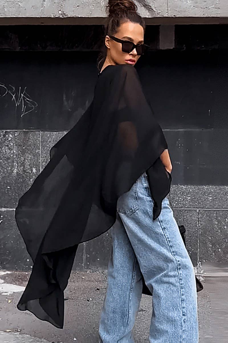 CWTBLL538_SOLID COLOR SEE-THROUGH LOOSE LONG-SLEEVED TOP