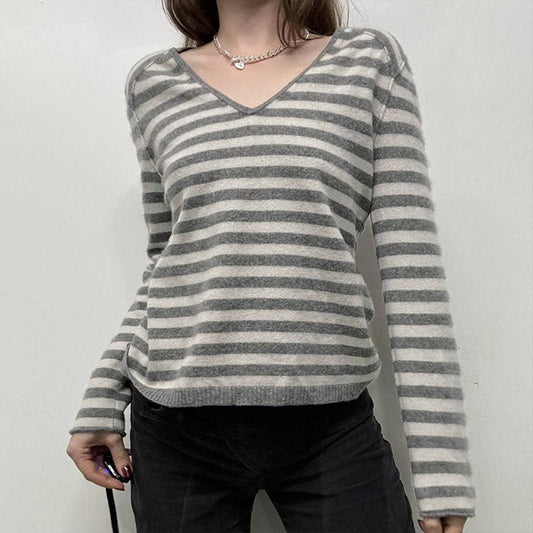 CASUAL V-NECK STRIPED PATCHWORK KNITWEAR FOR HOME