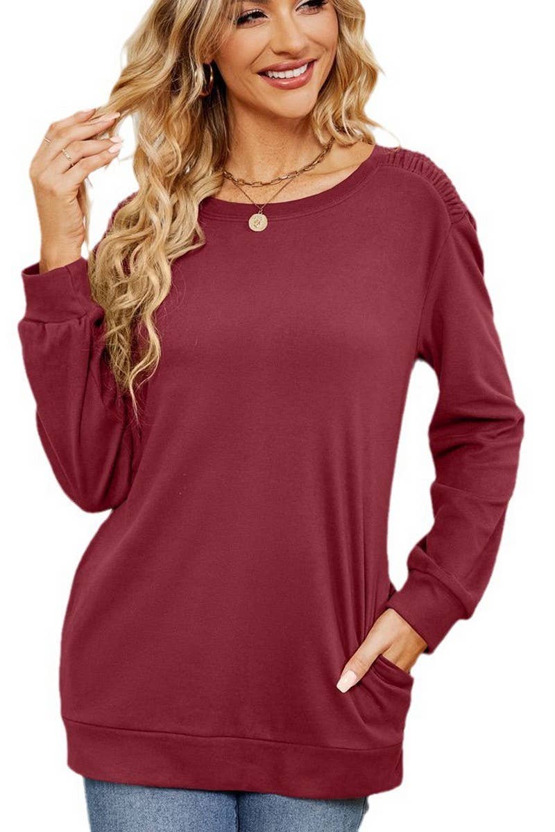 CWTBLL2384_SOLID COLOR ROUND NECK LONG SLEEVE POCKET T-SHIRT