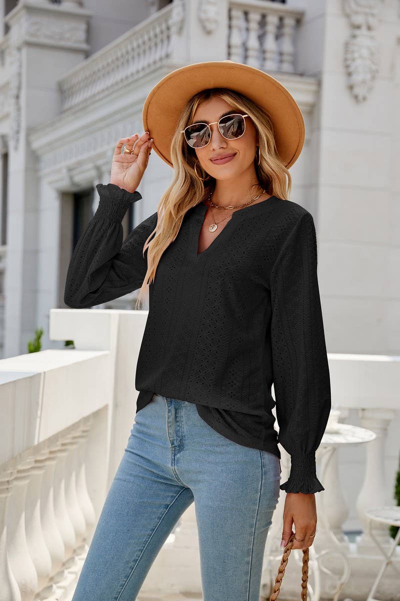 CWTBLL1848_V-NECK HOLLOW LOTUS LEAF SLEEVE LOOSE TOP