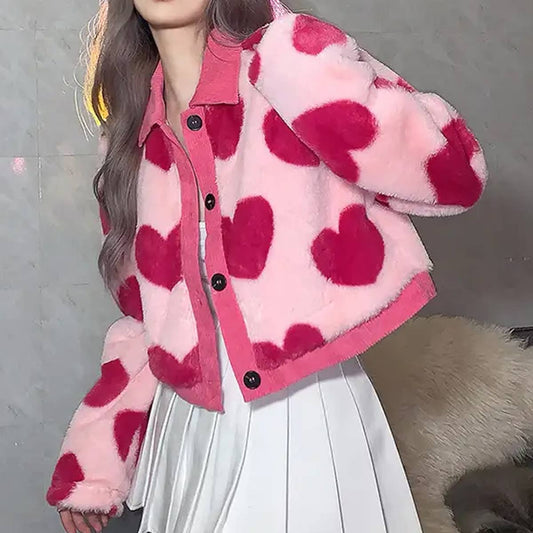 COLOR CONTRAST FASHION LOVE LAPEL PLUSH COAT