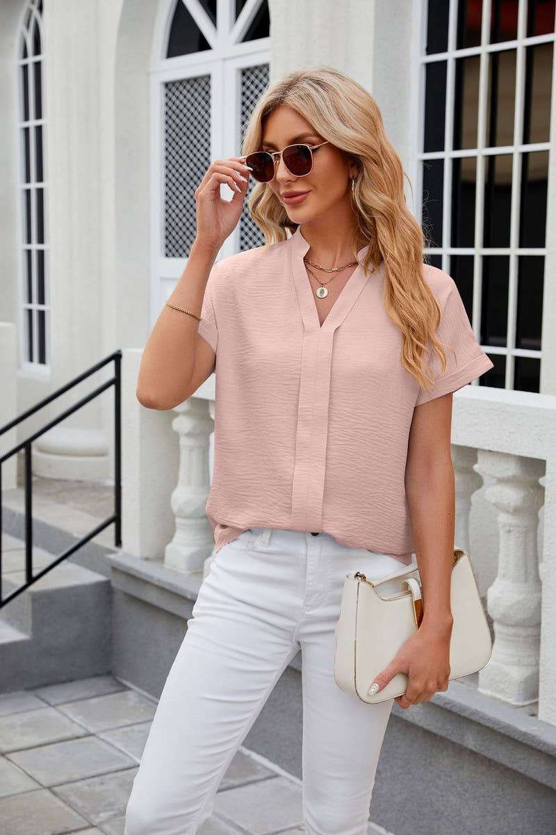 CWTBLS0443_V-Neck Short Sleeve Top