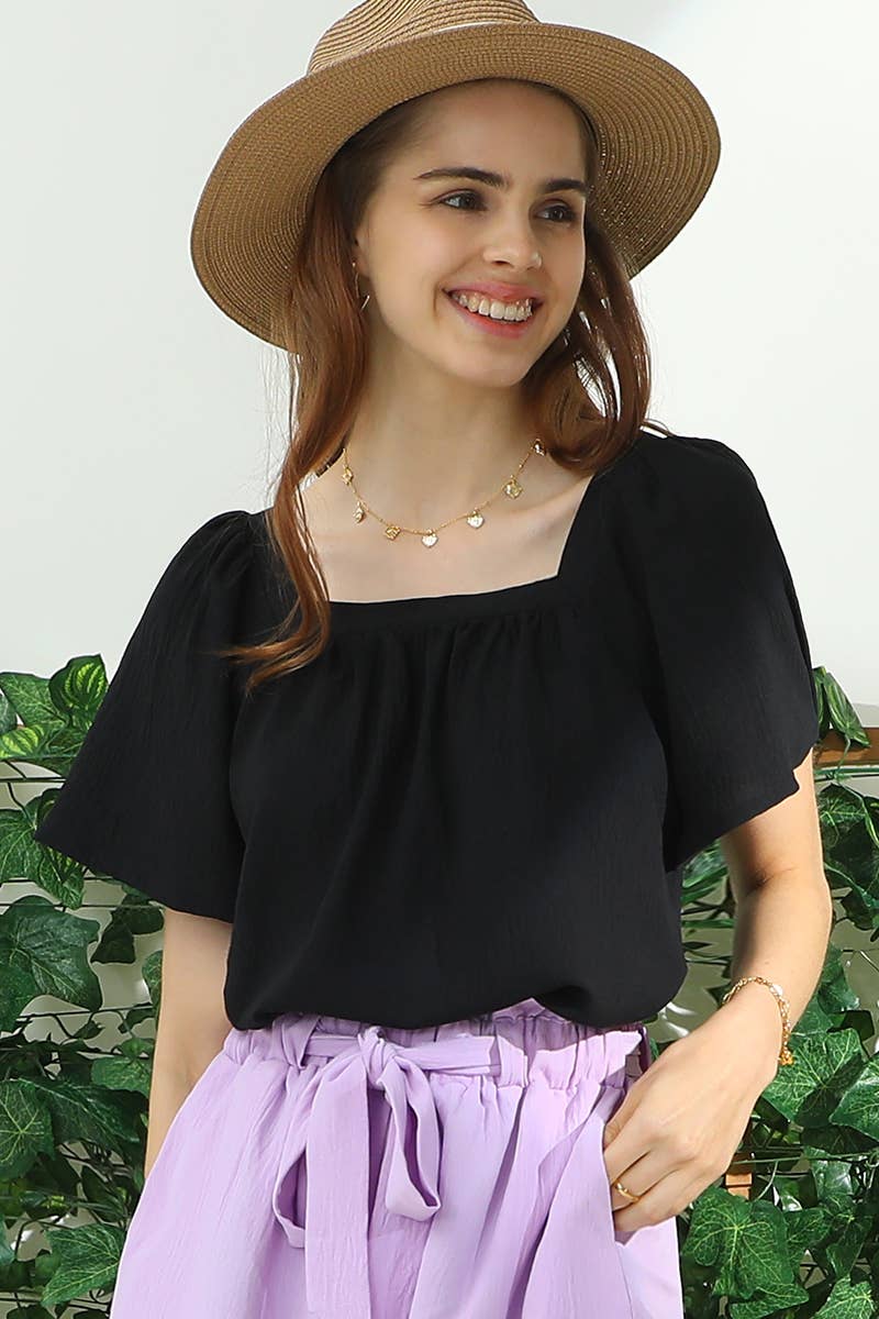 CWTBLS192_SQURE NECK RUFFLE NECK SHORT SLEEVE BLOUSES TOP