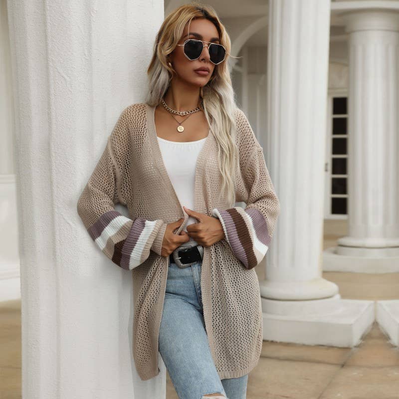 Color matching hollow breathable sweater jacket