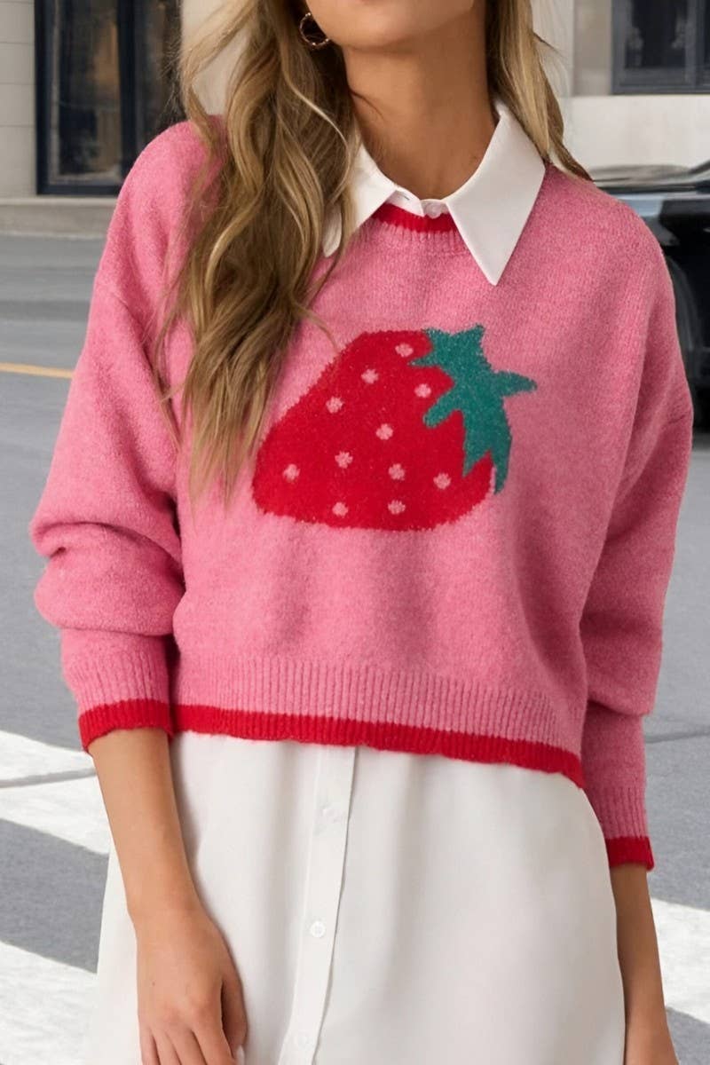 CWOSWL6958_SHORT STRAWBERRY PATTERN LONG SLEEVE KNIT SWEATER