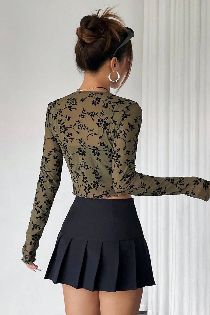 CWTBLL3561_SHEER MESH FLOCKED LACE-UP LONG SLEEVE TOP