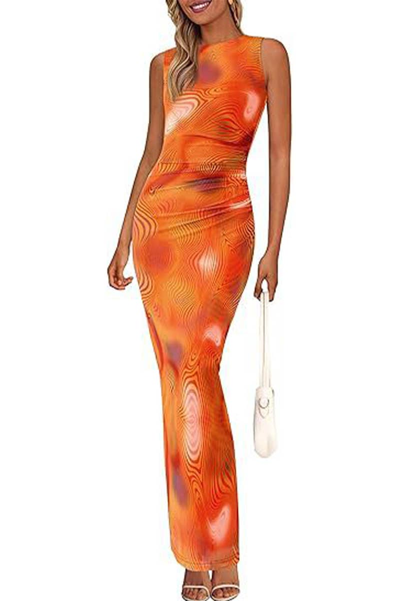 CWDMD6368_PLEATED FLORAL BODYCON SLEEVELESS MESH DRESS