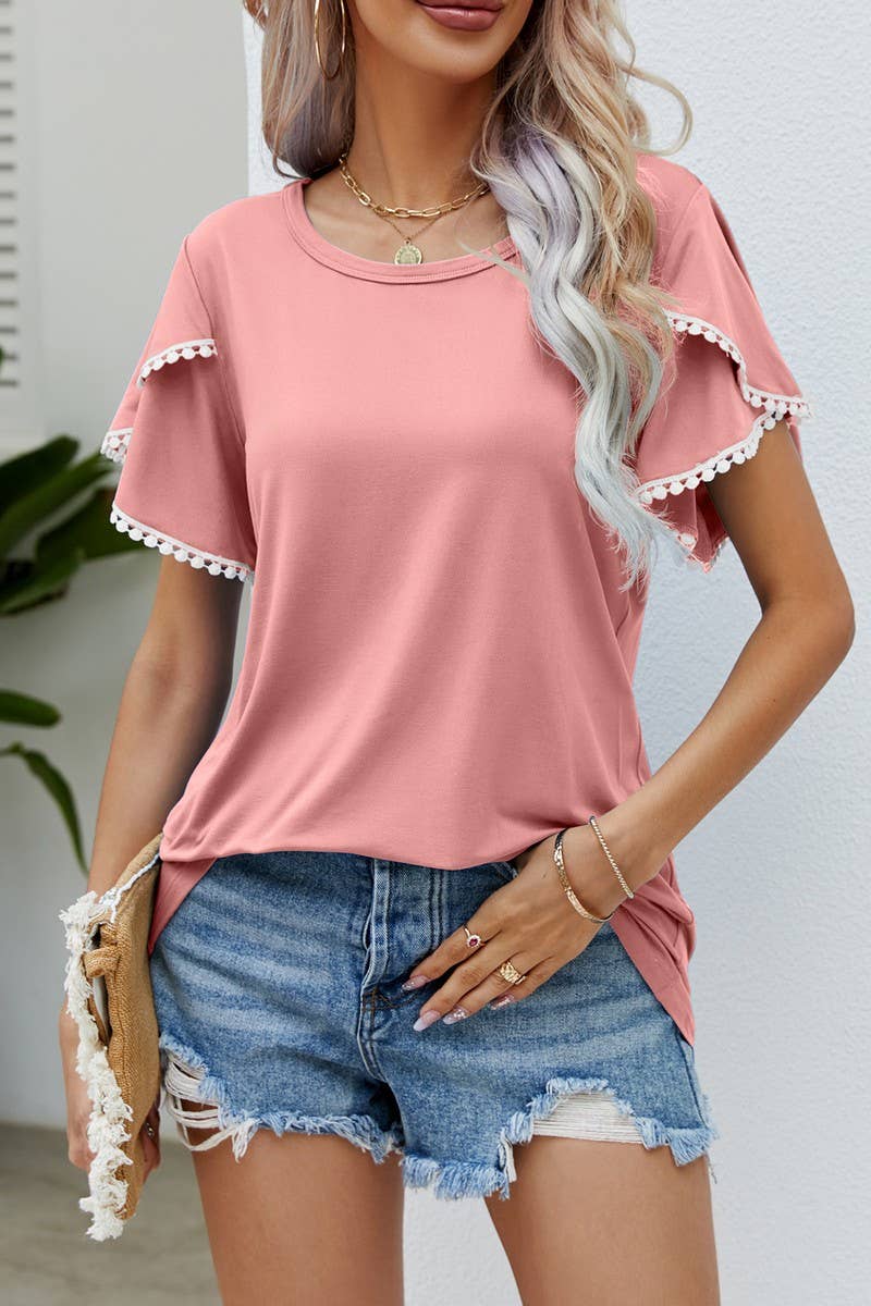 CWTBLS0351_Round neck Lace Trim Detailed Short Sleeve Blouse