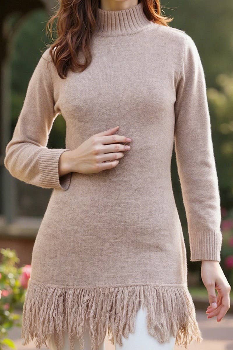 CWDSD10562_TURTLENECK TASSEL FASHION SWEATER DRESS