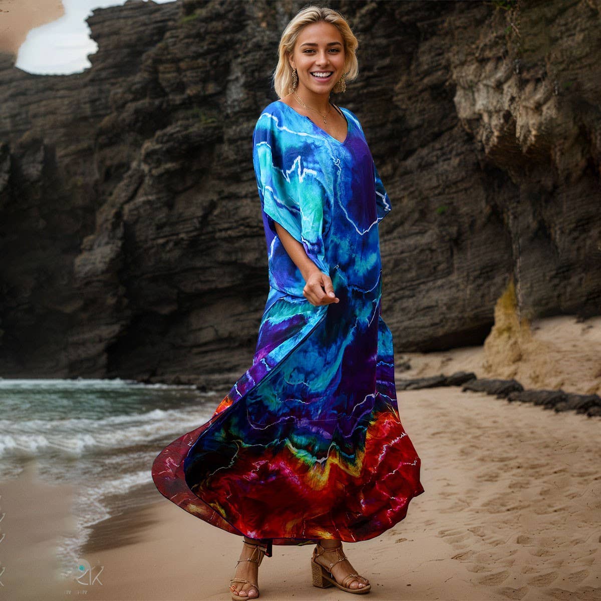 Rayon Tie-Dye Beach Kimono Cover-Up Robe_CWMM6154