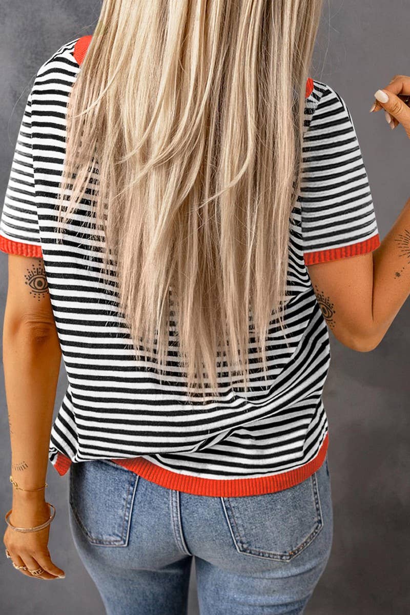 CWTTS1363_SUMMER STRIPED SHORT-SLEEVED CASUAL SWEATER