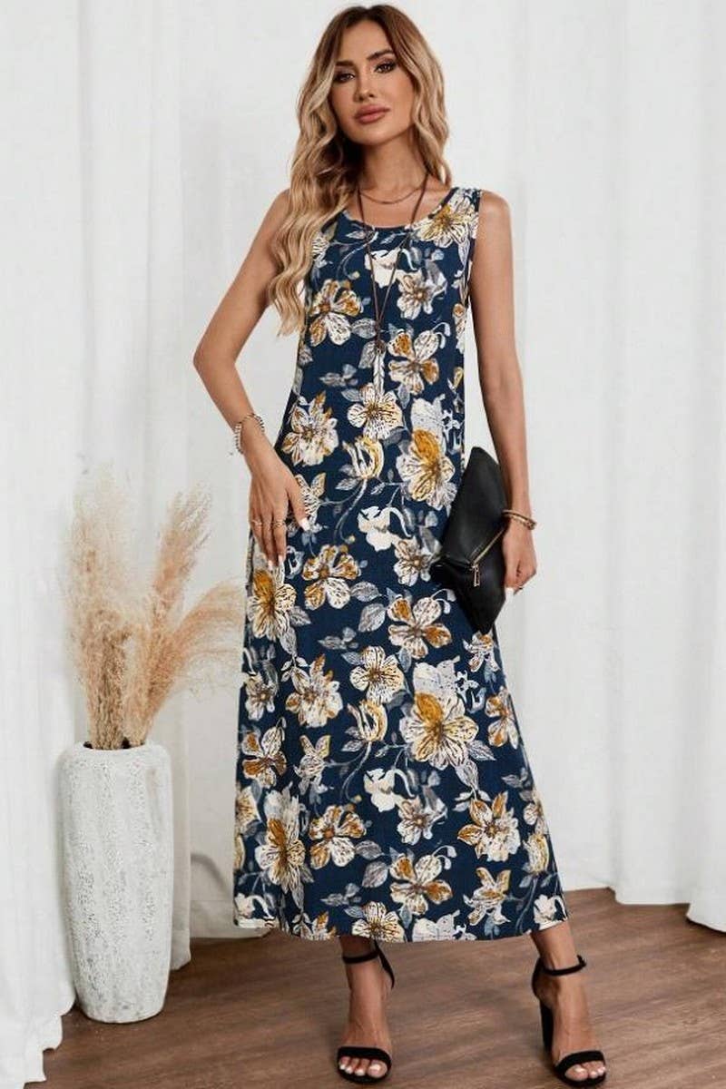 CWDMD5872_SLEEVELESS FLORAL PRINT ROUND NECK A-LINE DRESS