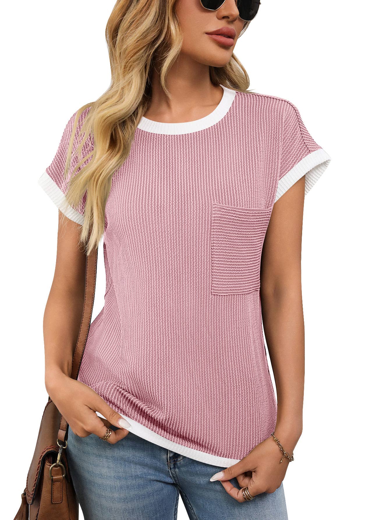 Crew-neck knitted twist strip casual T-shirt