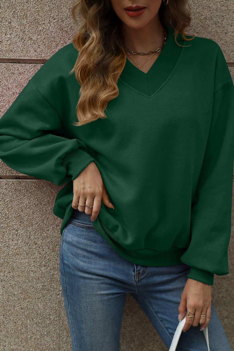 CWTBLL4011_SOLID V-NECK FLEECE LINED LOOSE FIT SWEATSHIRT