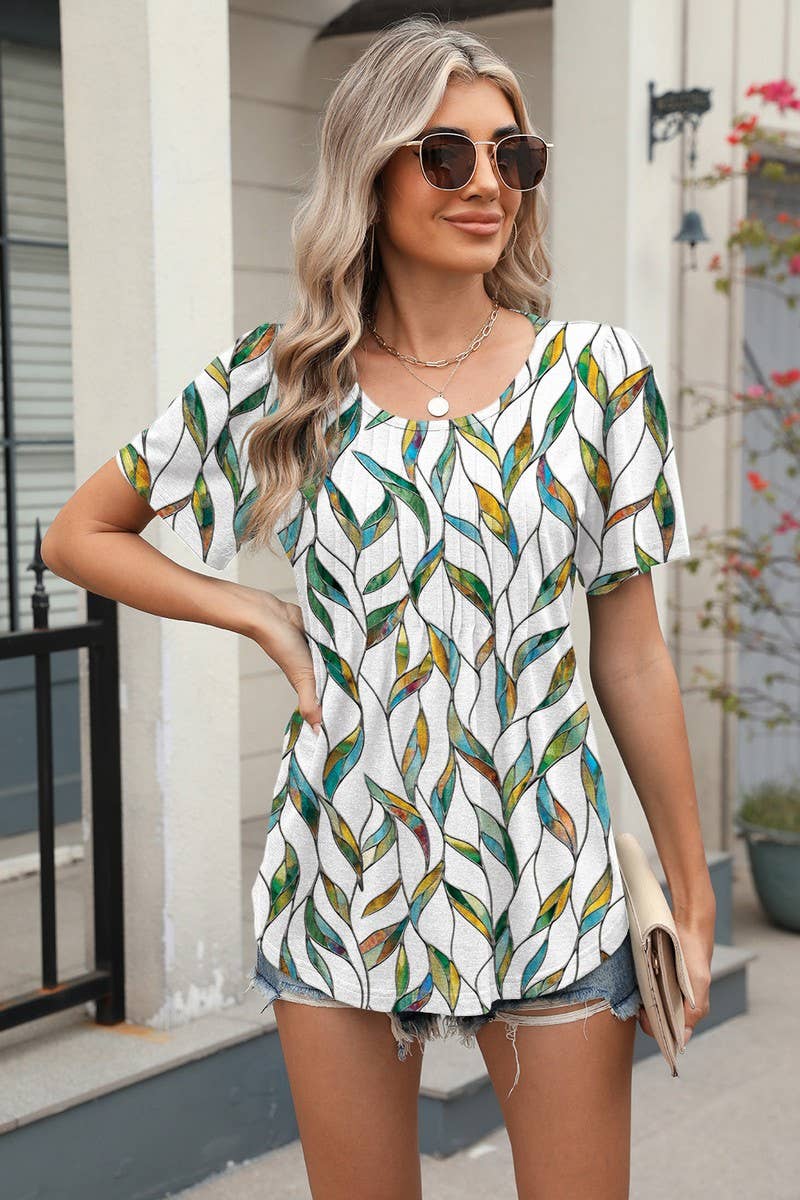 CWTBLS2277_RUCHED CREW NECK PRINTED SHORT SLEEVE TEE