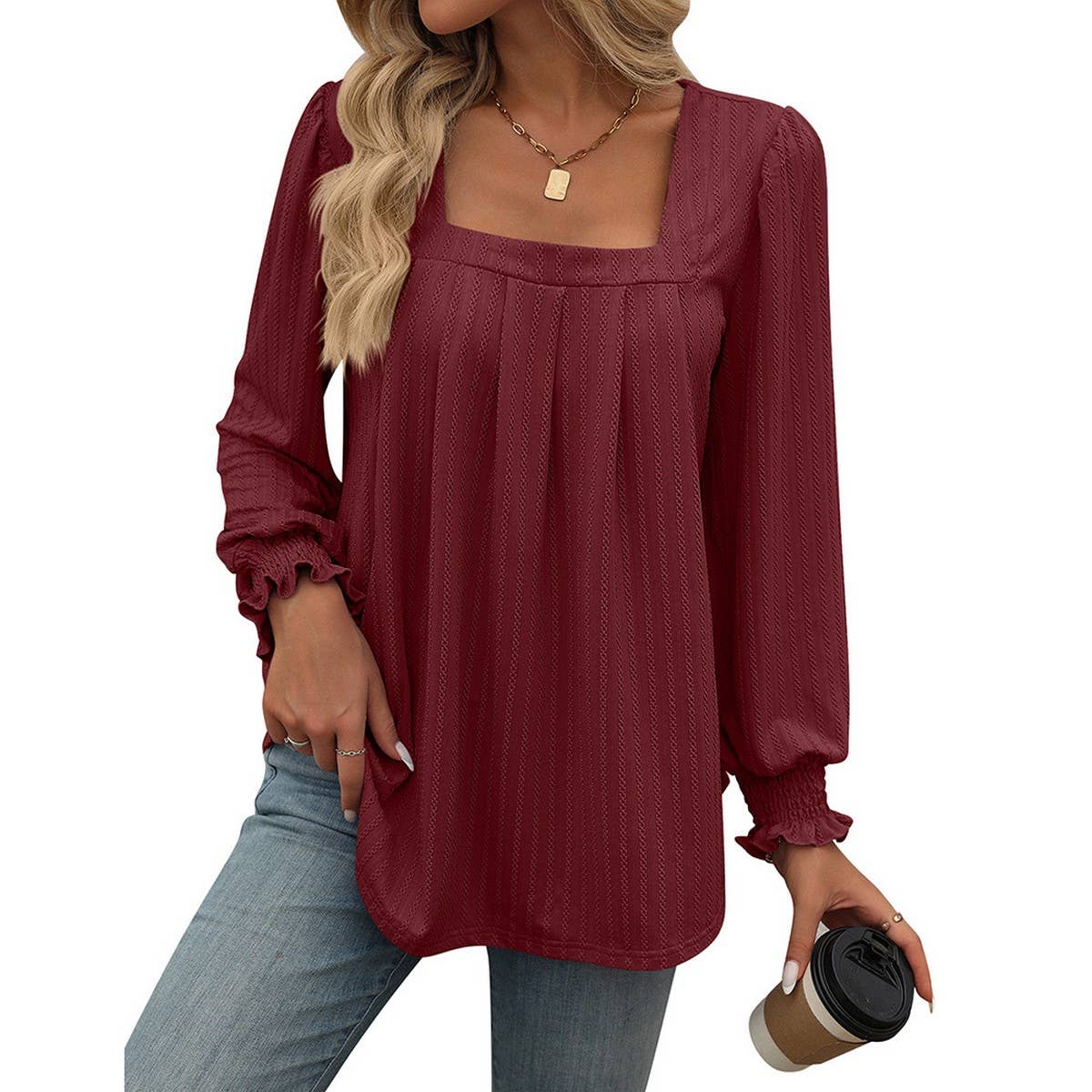 Casual square neck pleated long sleeve T-shirt