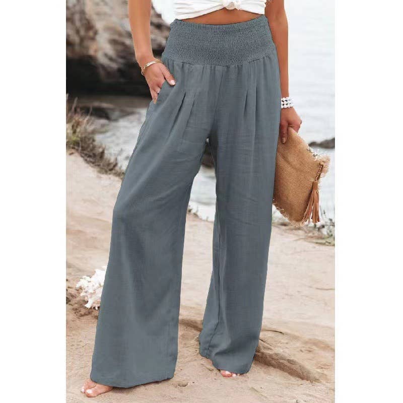 Cotton and linen loose-fitting wide-leg pants