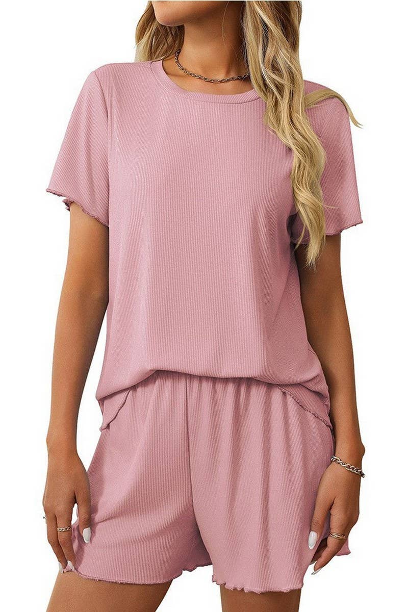 CWSPJ0442_SOLID RIBBED SHORT SLEEVE PAJAMA SET
