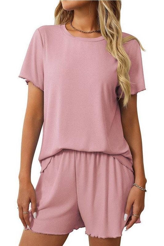 CWSPJ0442_SOLID RIBBED SHORT SLEEVE PAJAMA SET