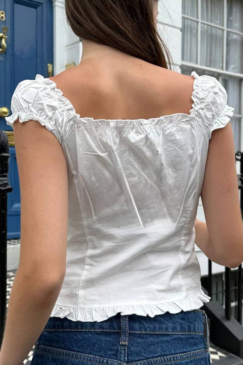 CWTBLSL0622_SOLID COLOR RUFFLED V-NECK T-SHIRT VEST TOP