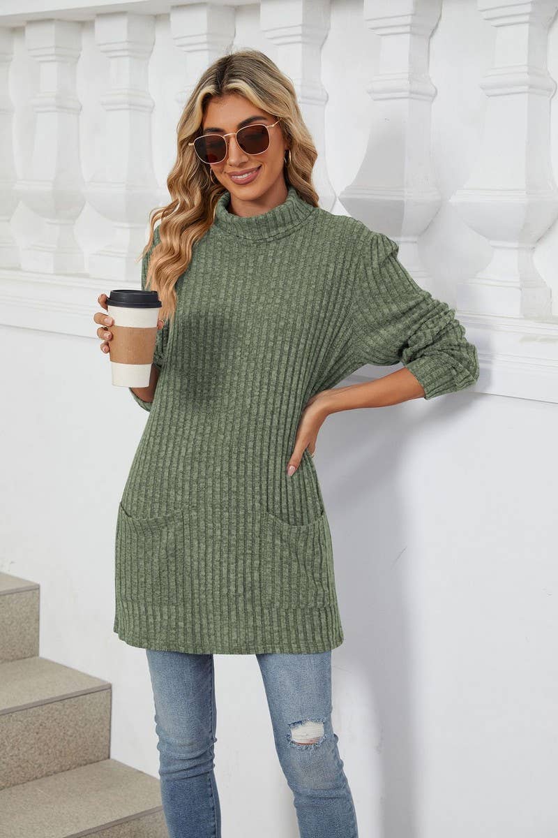 CWTBLL1856_HIGH NECK BRUSHED SOLID LONG SLEEVE POCKET TOP