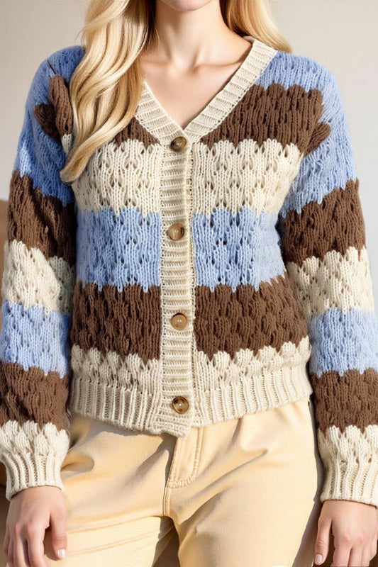 CWOSWL07088_CONTRAST COLOR V-NECK LOOSE KNIT CARDIGAN SWEATE