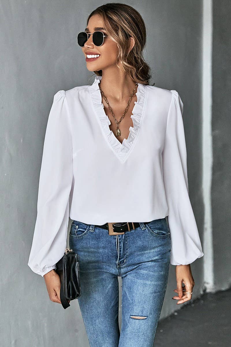CWTBLL2705_RUFFLED V-NECK LONG-SLEEVED COMMUTER SHIRT TOP
