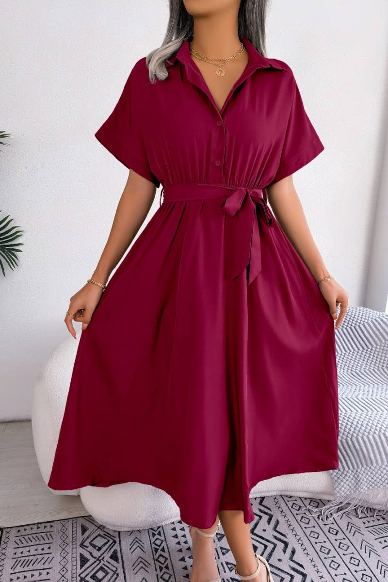 CWDMD2660_SUMMER CASUAL LOOSE LACE-UP SHIRT DRESS LONG