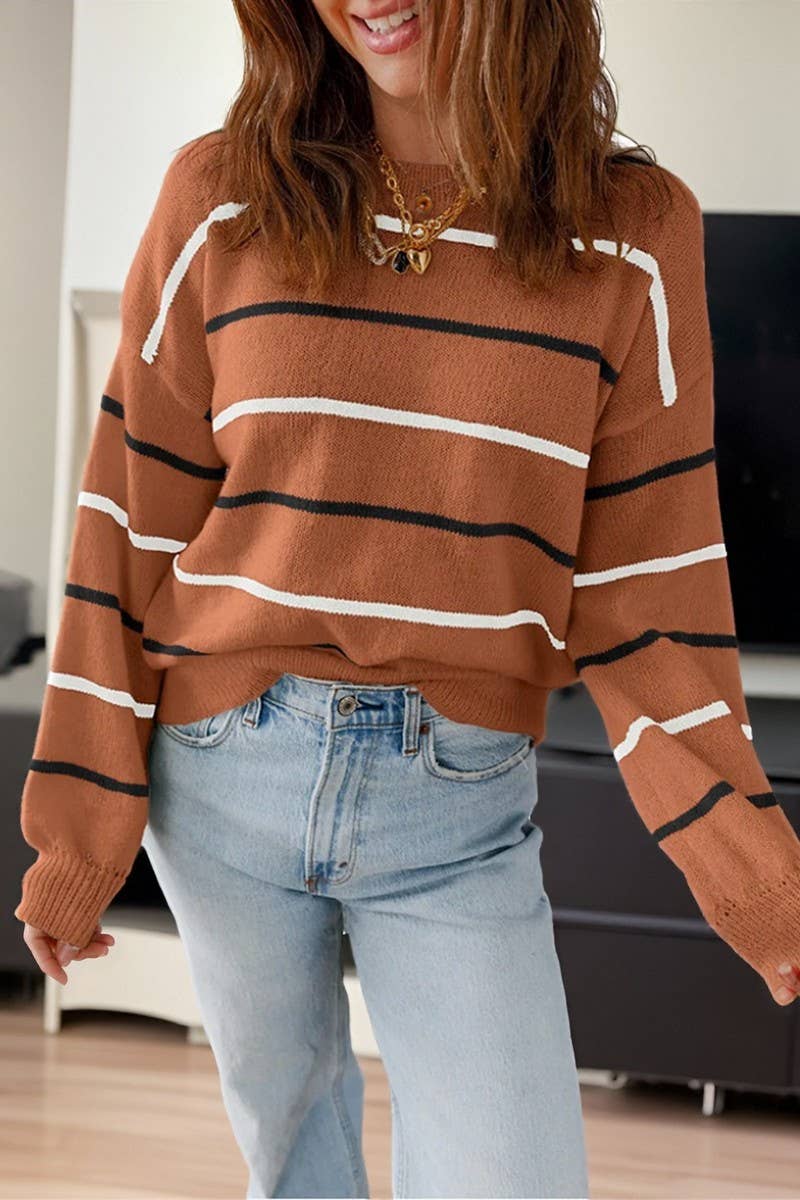 CWOSWL07153_CASUAL COLORFUL STRIPED LOOSE PULLOVER SWEATER