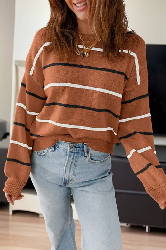 CWOSWL07153_CASUAL COLORFUL STRIPED LOOSE PULLOVER SWEATER