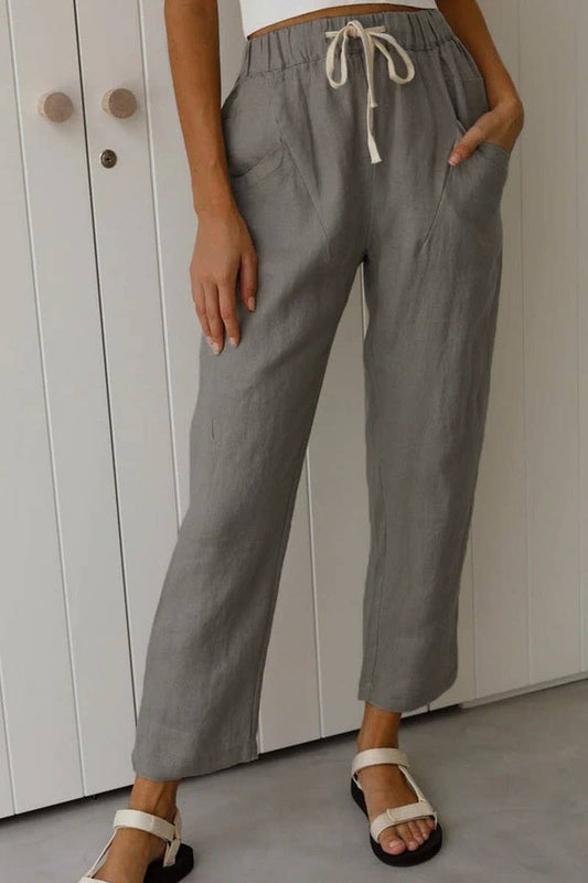 CWBLP01033_LOOSE DRAWSTRING LINEN STRAIGHT CROPPED PANTS