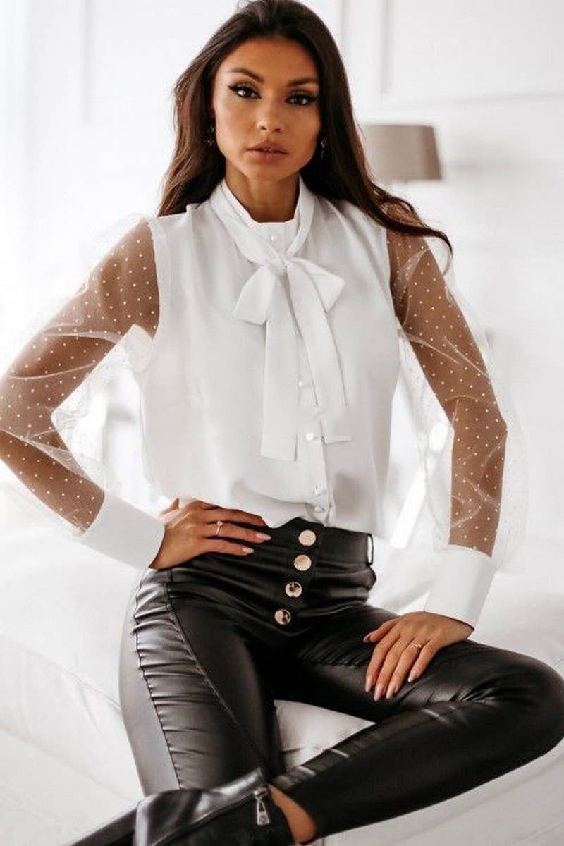 CWTBLL3014_SOLID COLOR MESH SPLICING BUTTON BOW SHIRT