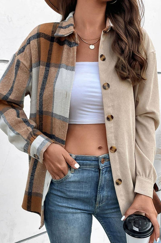 CWTSTL2288_VINTAGE PLAID PATCHWORK LONG SLEEVE SOLID COLOR