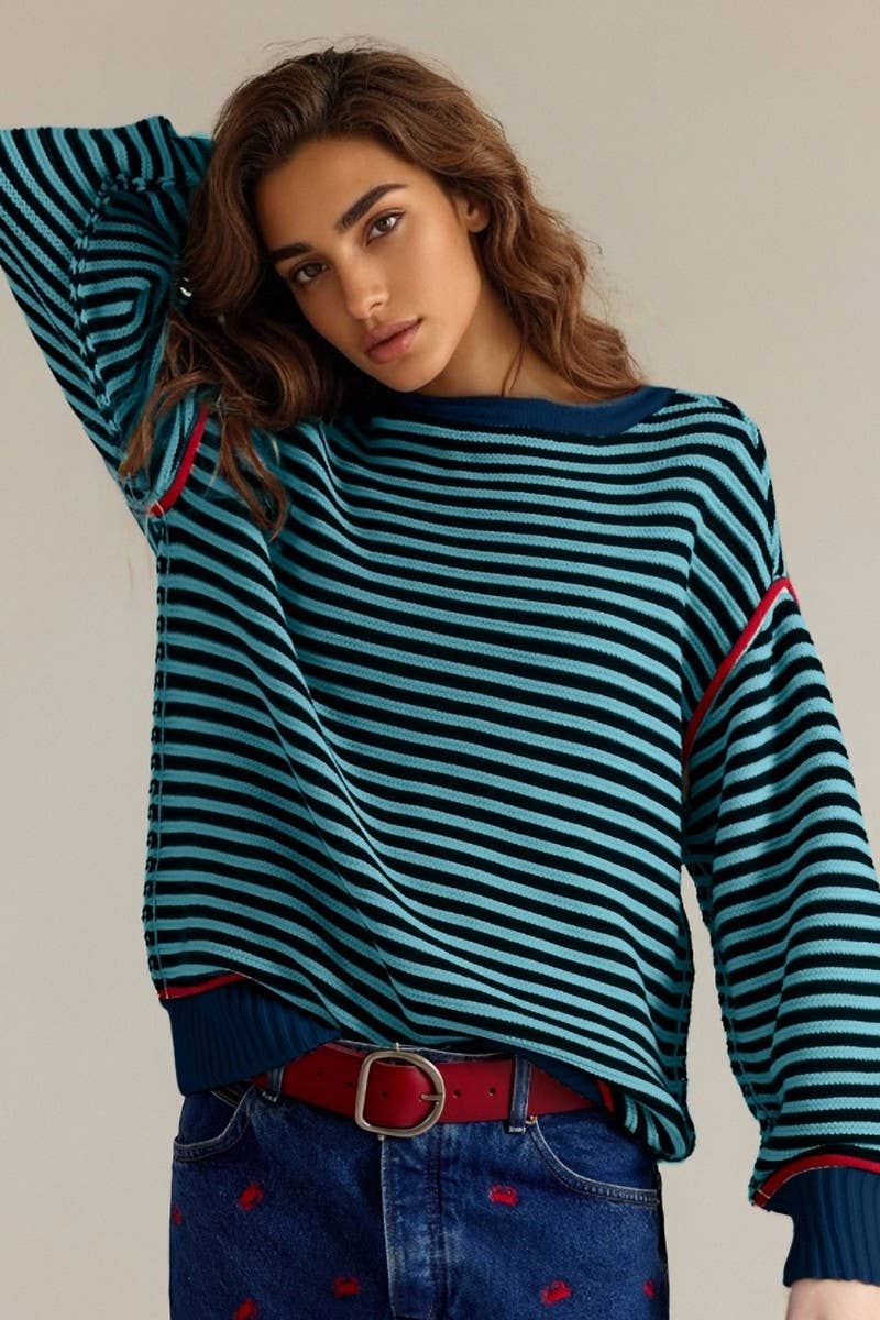 CWOSWL6946_STRIPED CREWNECK KNIT PULLOVER SWEATER