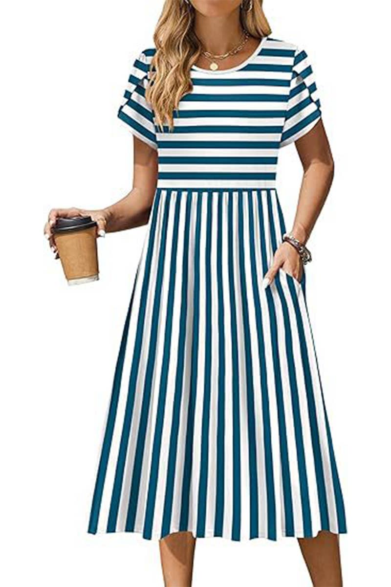 CWDMD6365_ROUND NECK PETAL SLEEVES MIDI PRINT DRESS