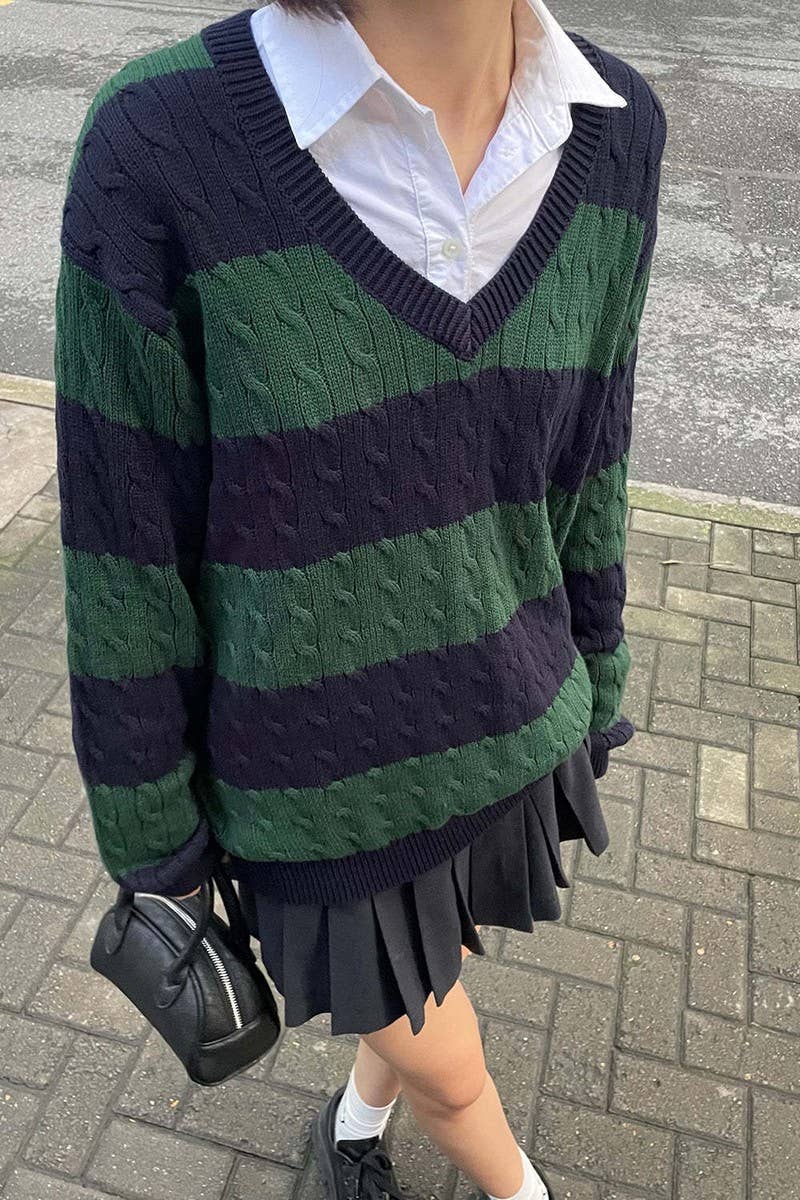 CWOSWL5744_V-NECK STRIPED CONTRAST CHUNKY KNIT SWEATER