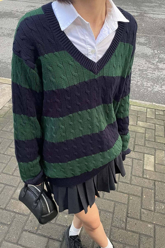 CWOSWL5744_V-NECK STRIPED CONTRAST CHUNKY KNIT SWEATER