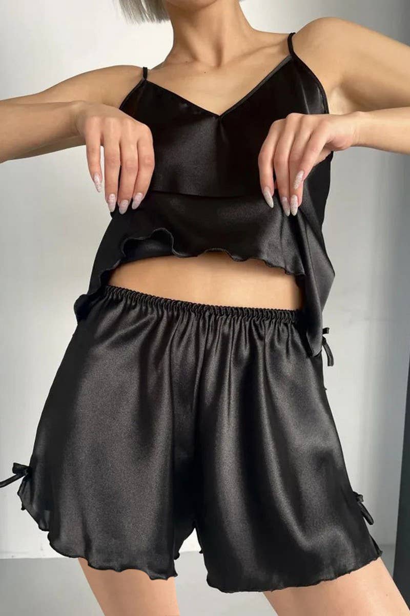 CWSPJ0380_BLACK SATIN SHORTS SUSPENDERS HOME WEAR SET